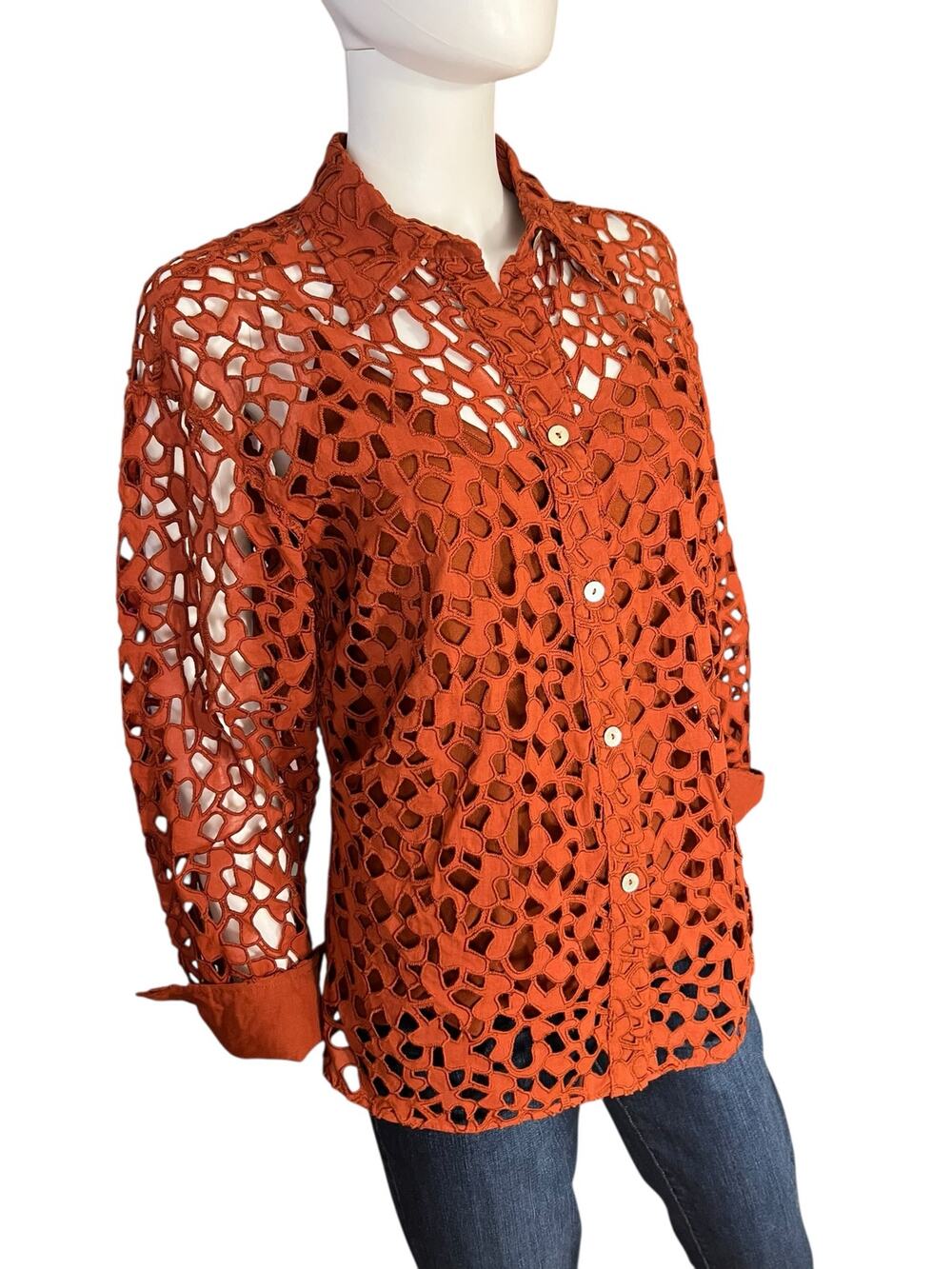 Vince Cotton Eyelet Burnt Orange Button-Down Top Size Small $425